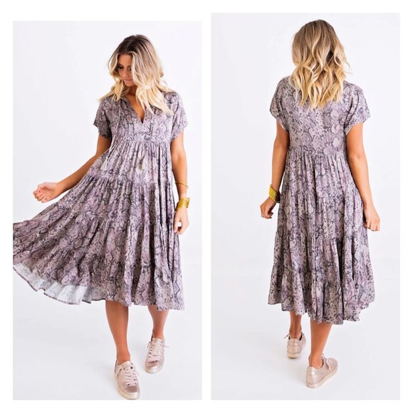 Karlie Dresses & Skirts - Karlie Snake Print Midi Boho Tier Dress Size Medium Satin Crochet Tassels J98